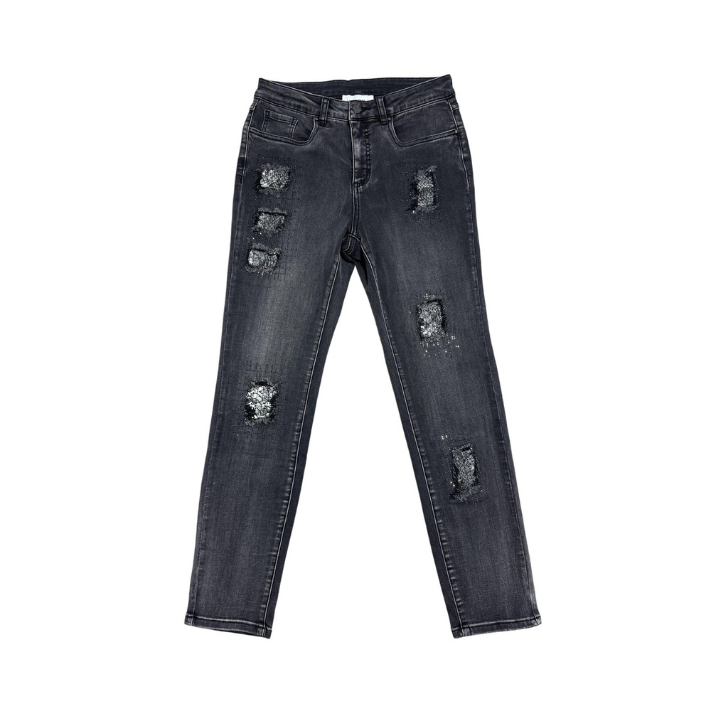 Joseph Ribkoff Jeans Womens 8 Charcoal Skinny Sequin Distressed Stretch Denim